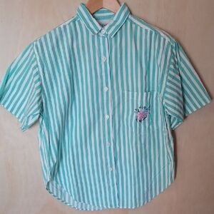 Andrew Sports New York Vintage 90's Striped Short Sleeve Top Embroidered Pocket